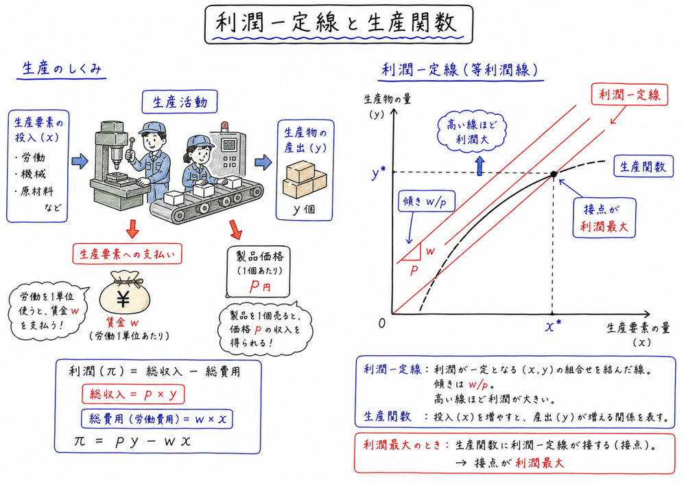 利潤一定線と生産関数の接点で利潤最大化を読む図解