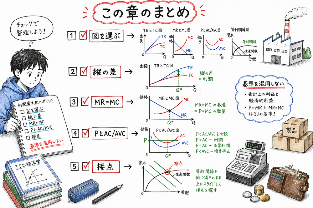 利潤最大化問題で図の種類、数量、操業継続を順に確認するまとめ図