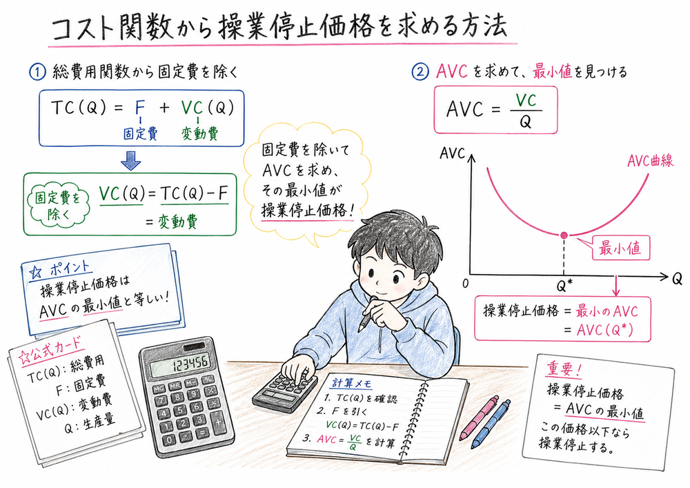 費用関数からVCとAVCを取り出して操業停止点を求める手書き風図解