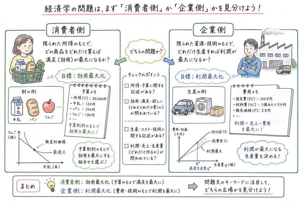 消費者側と企業側の問題を効用最大化と利潤最大化で切り分ける図解