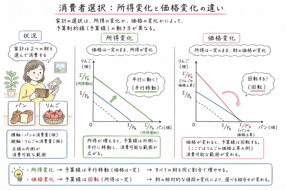 所得変化による平行移動と価格変化による回転を分ける図解