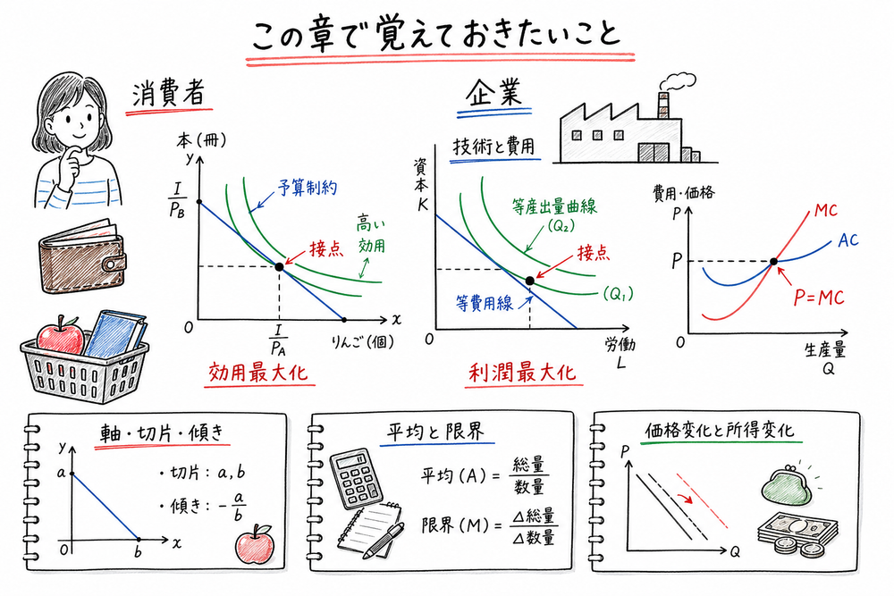 消費者側と企業側を分け、制約、接点、平均と限界を横断整理する図解