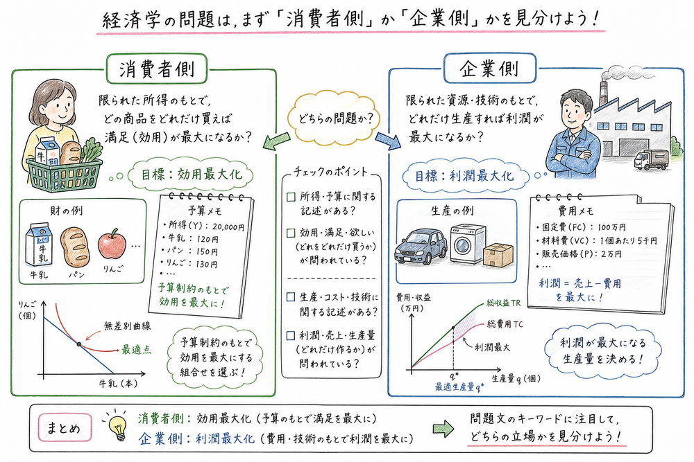 消費者側と企業側の問題を効用最大化と利潤最大化で切り分ける図解