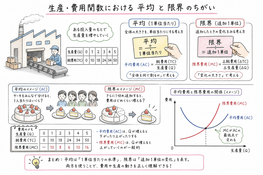 平均は1単位当たり、限界は追加1単位として区別する図解