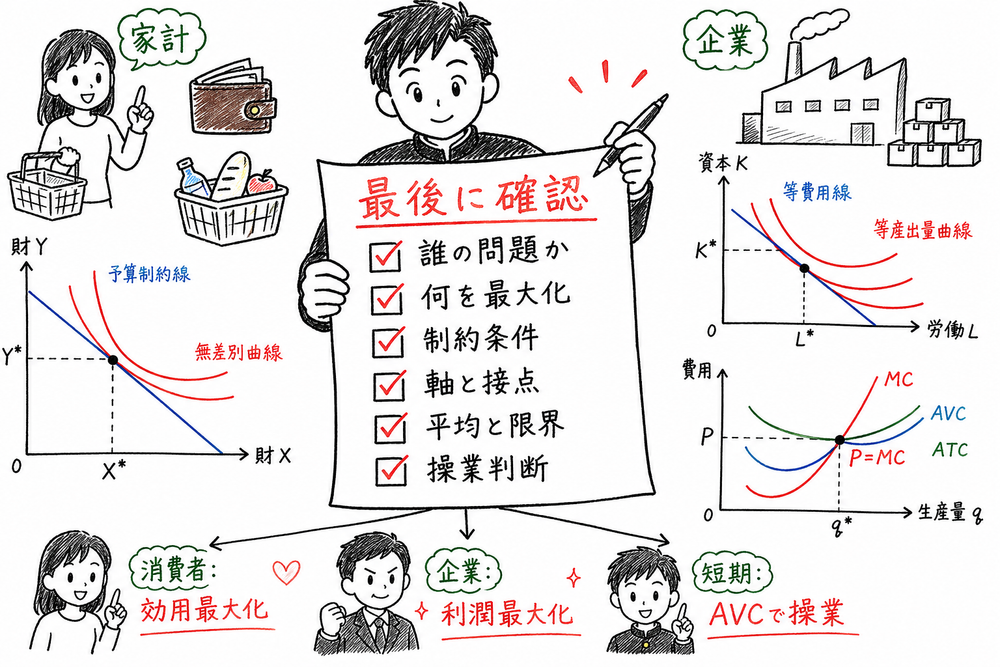 消費と生産の理論で誰が何を最大化するかを確認するまとめ図