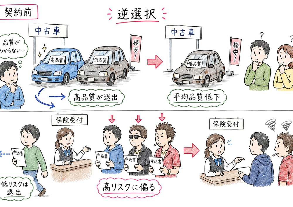 契約前の情報不足で逆選択が起こる流れの手書き風図解