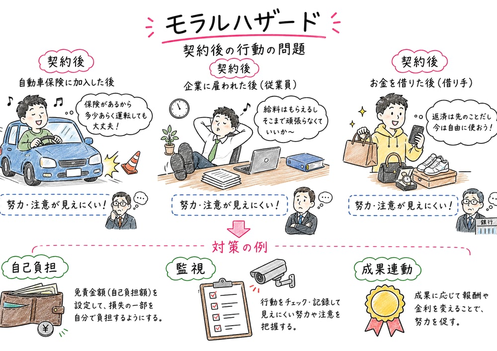 契約後の行動問題としてモラルハザードと対策を示す手書き風図解