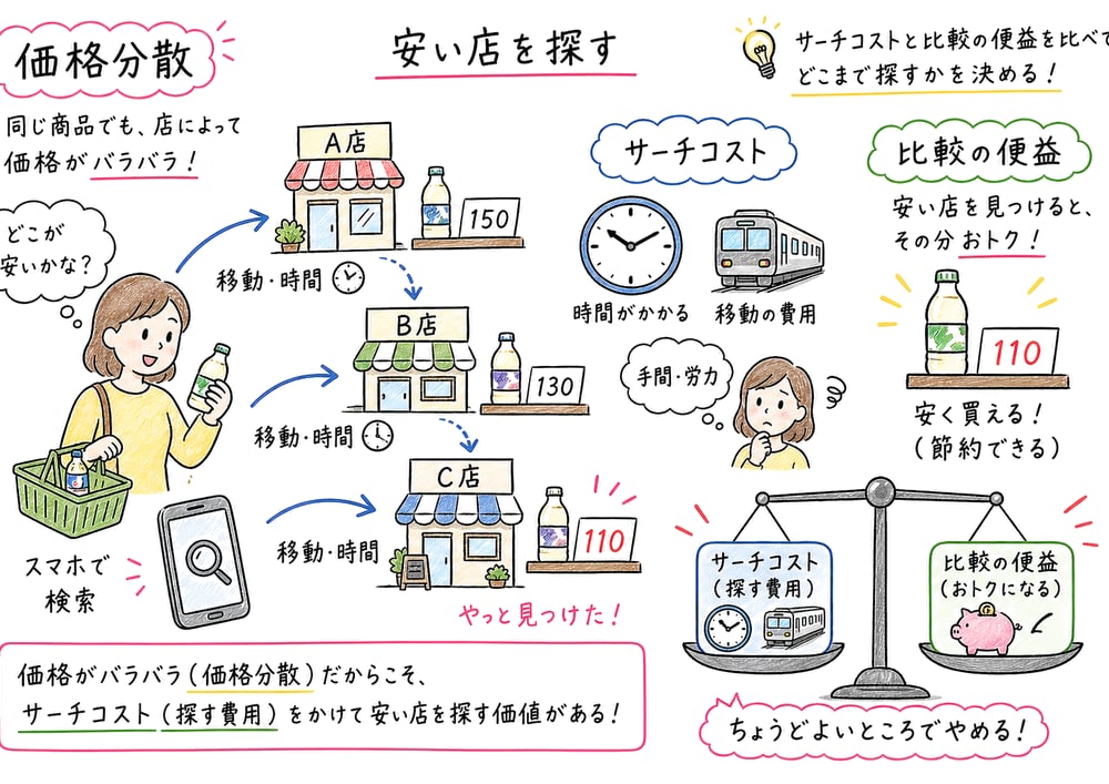 サーチコストと価格分散の関係を買い物場面で示す手書き風図解
