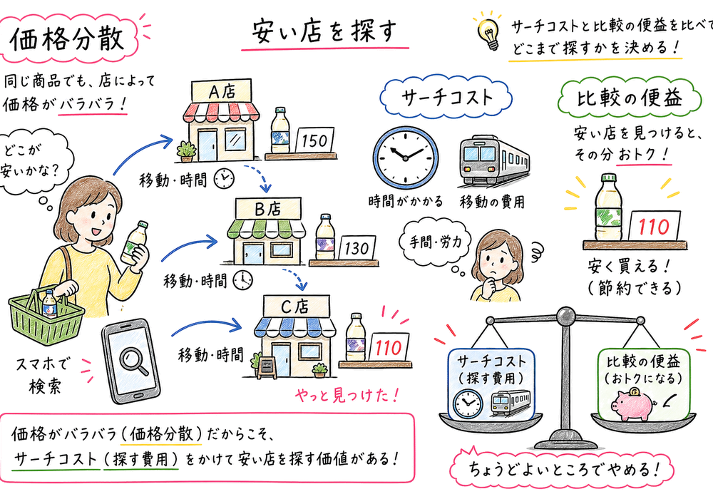 サーチコストと価格分散の関係を買い物場面で示す手書き風図解