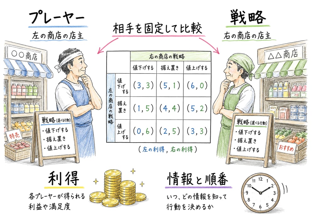 ゲーム理論の構成要素を、プレーヤー、戦略、利得、情報と順番に分けて読む図解