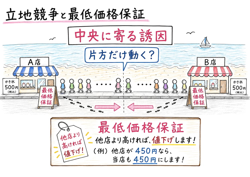 立地競争で中央に寄る誘因と最低価格保証が価格競争を弱める仕組みの図解