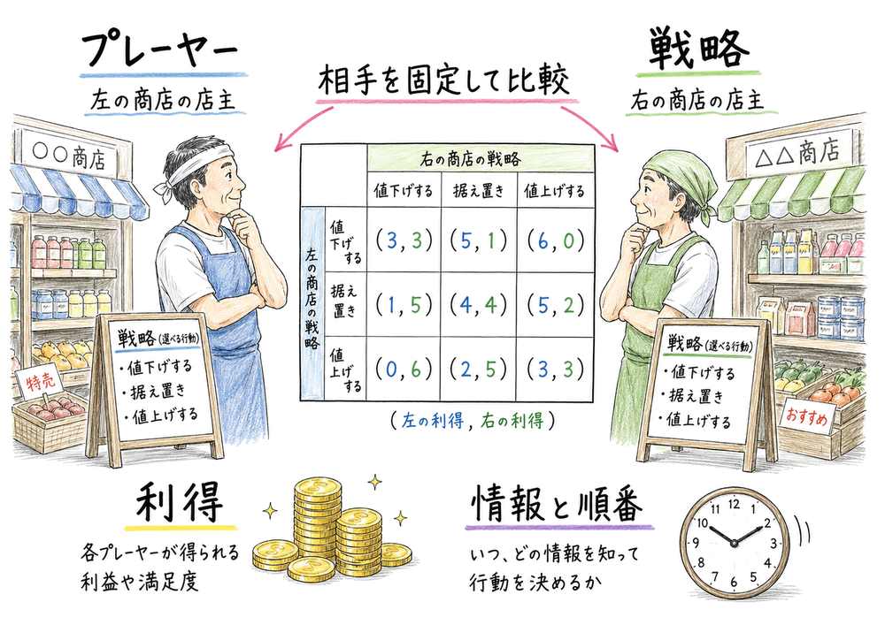 ゲーム理論の構成要素を、プレーヤー、戦略、利得、情報と順番に分けて読む図解