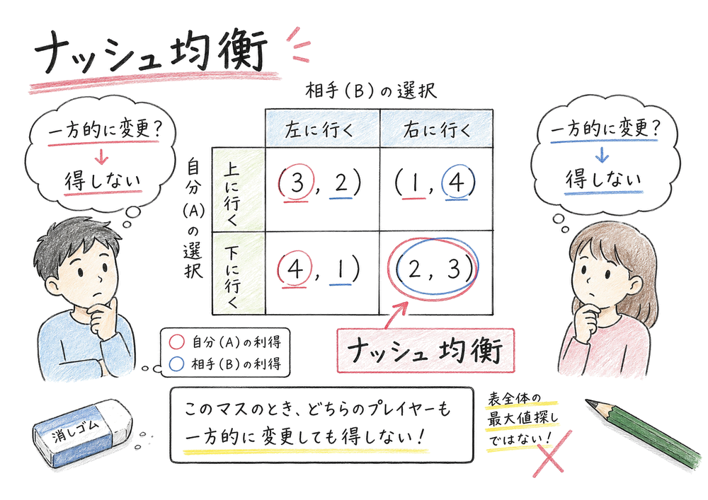 利得表の各マスで一方的に戦略を変えて得をしないかを確認するナッシュ均衡の図解