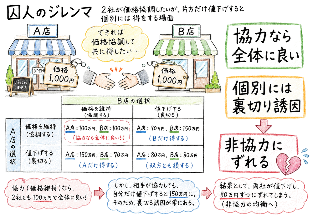 協力すれば全体には望ましいが、個別には非協力へずれやすい囚人のジレンマの図解