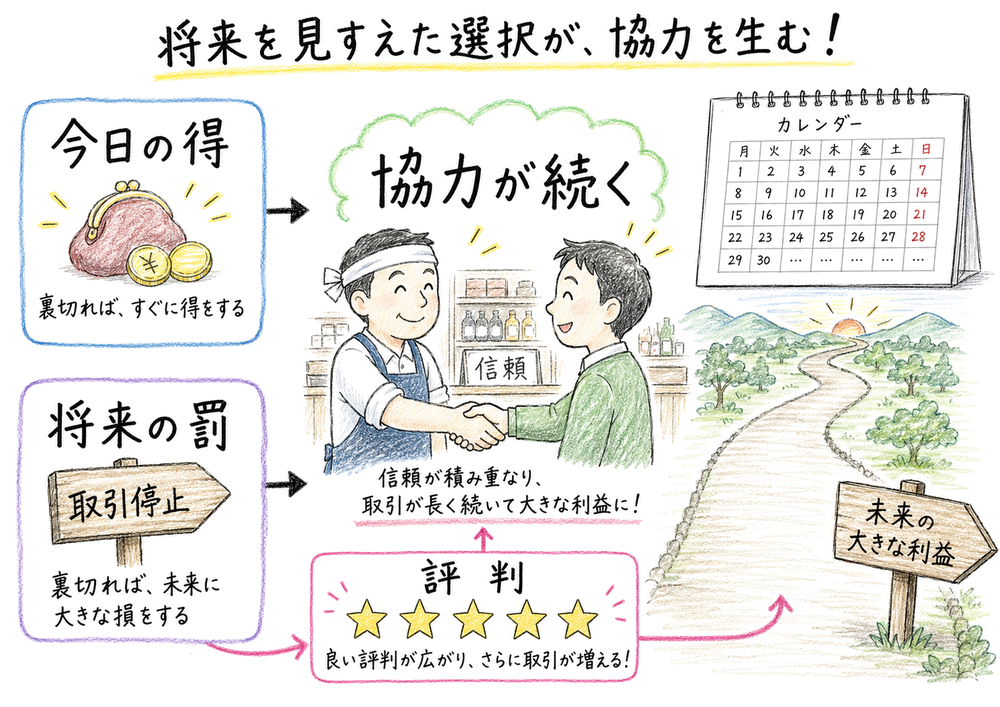 繰り返しゲームで将来の罰や評判が協力を支える図解