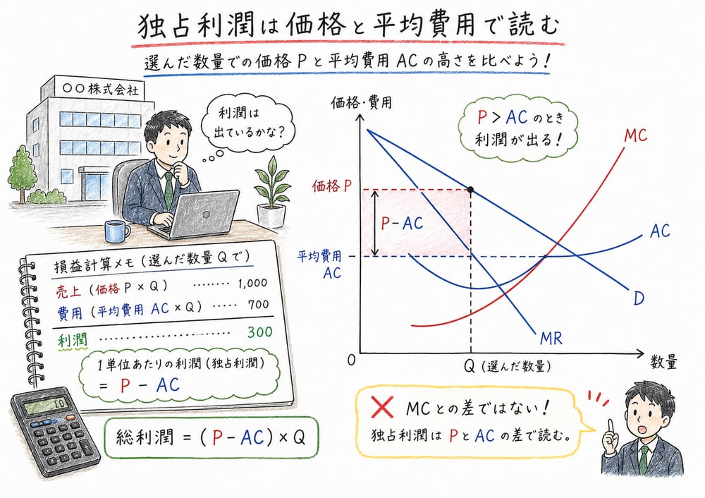 独占利潤を価格と平均費用の差に数量を掛けて読む図解