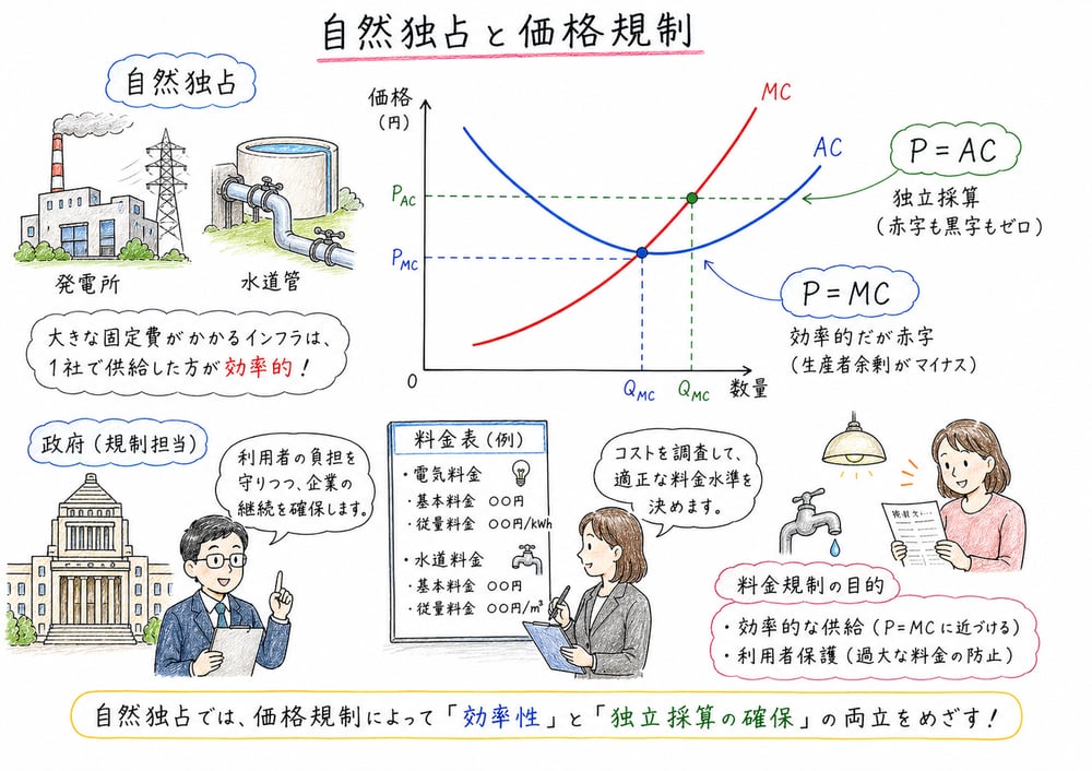 自然独占で限界費用価格形成と平均費用価格形成を比べる図解