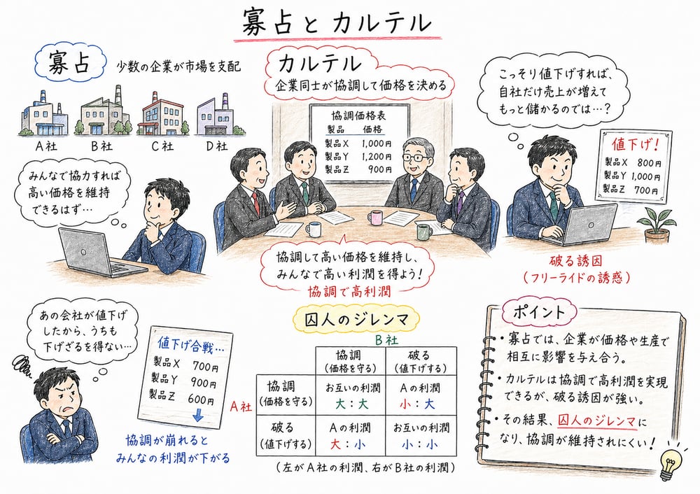 寡占市場でカルテルには協調と裏切りの誘因があることを示す図解