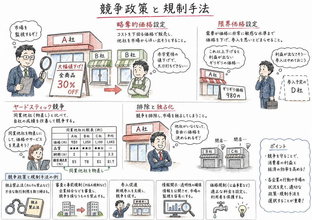 略奪的価格設定、限界価格設定、ヤードスティック競争を区別する図解