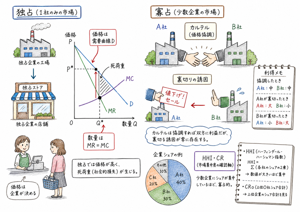 独占と寡占で数量、価格、余剰、協調行動を順に確認する図解