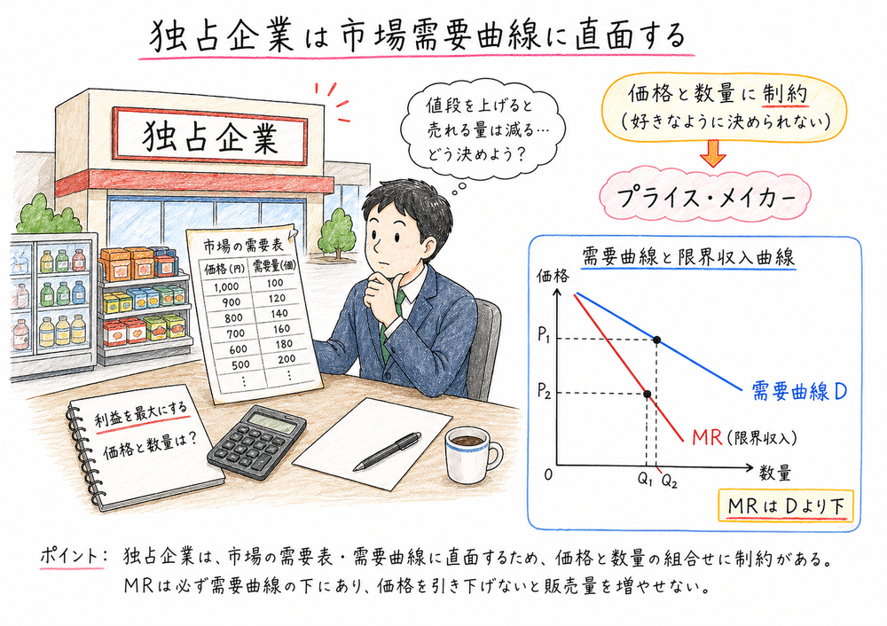 独占企業が市場需要曲線に直面しMRが需要曲線より下にあることを示す図解