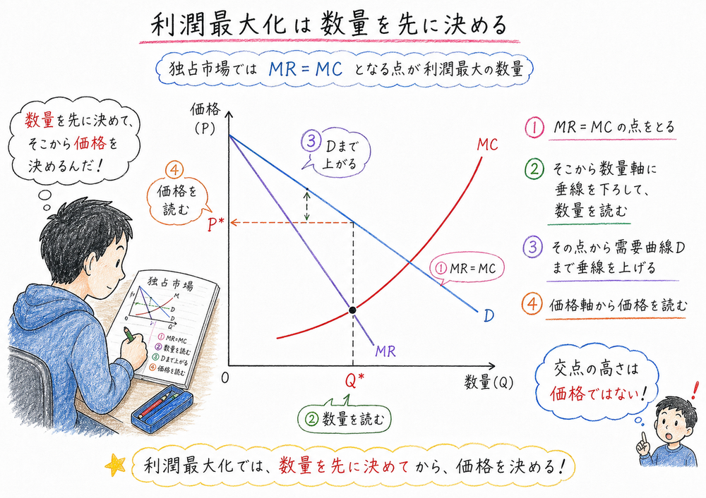 MR=MCで数量を決めて需要曲線で価格を読む手順の図解