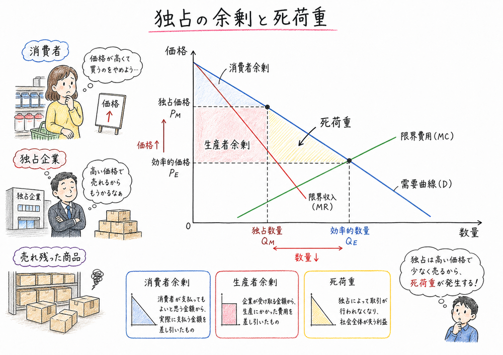 独占で価格が高く数量が少なくなり死荷重が生じる図解