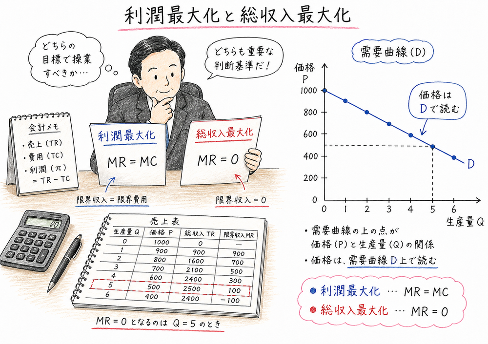 利潤最大化はMR=MC、総収入最大化はMR=0であることを示す図解