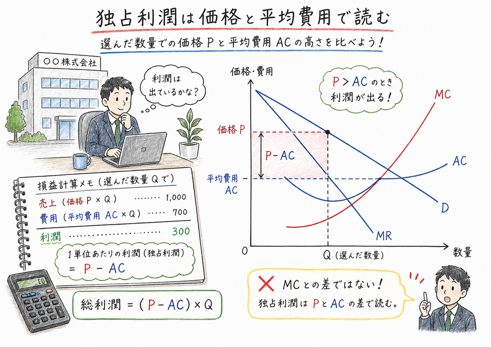 独占利潤を価格と平均費用の差に数量を掛けて読む図解