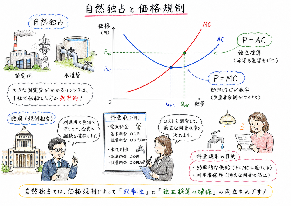 自然独占で限界費用価格形成と平均費用価格形成を比べる図解