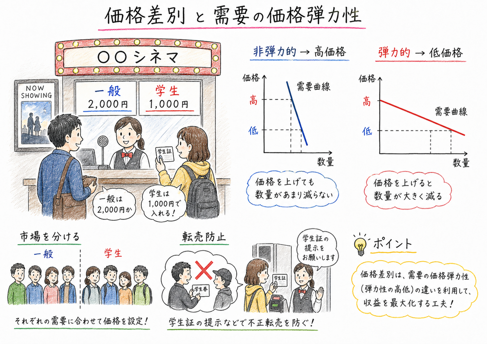 価格差別では需要が非弾力的な市場ほど高価格になりやすいことを示す図解