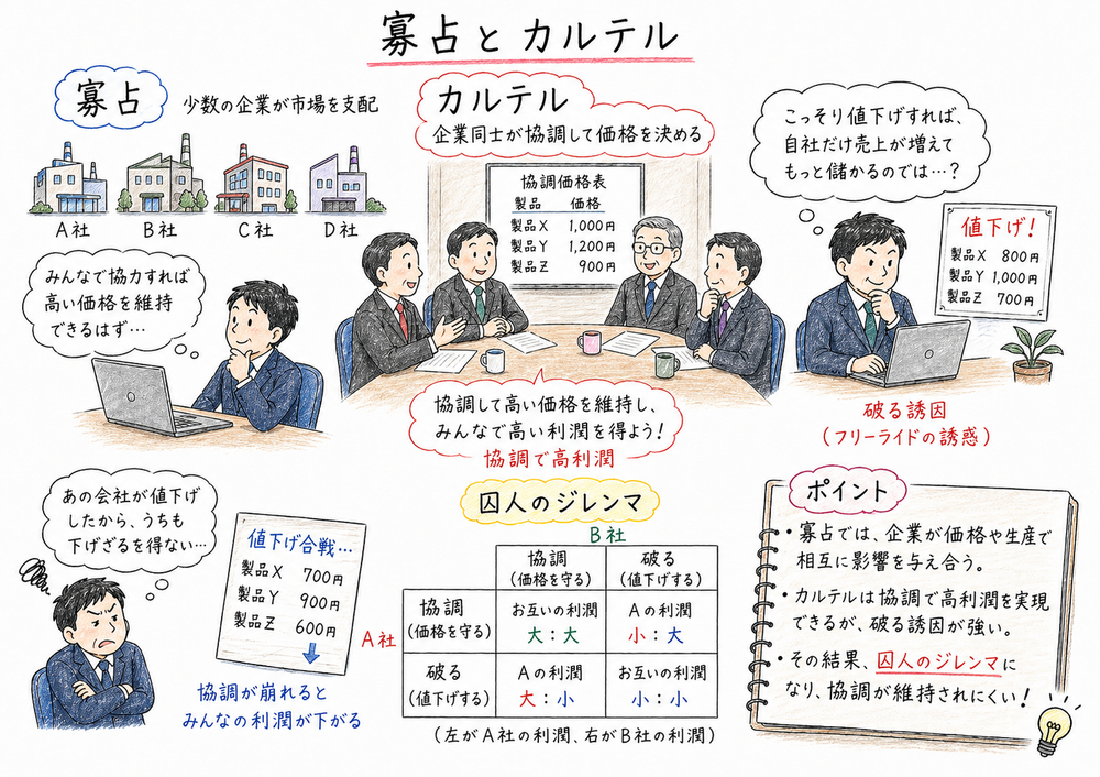 寡占市場でカルテルには協調と裏切りの誘因があることを示す図解