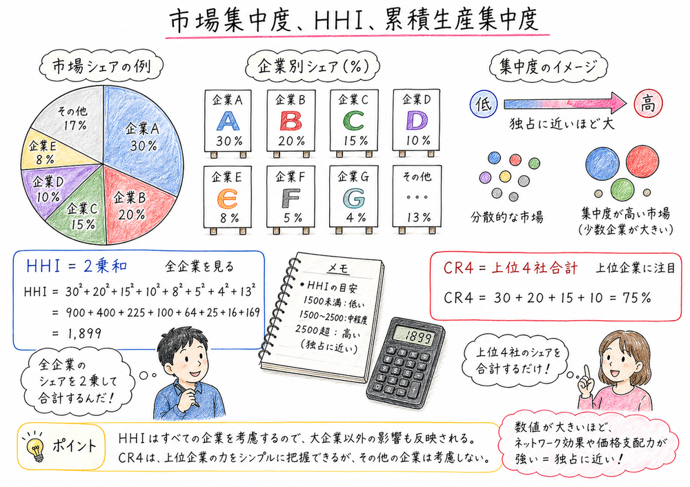 HHIは全企業の市場占有率の2乗和、CRは上位企業のシェア合計であることを示す図解