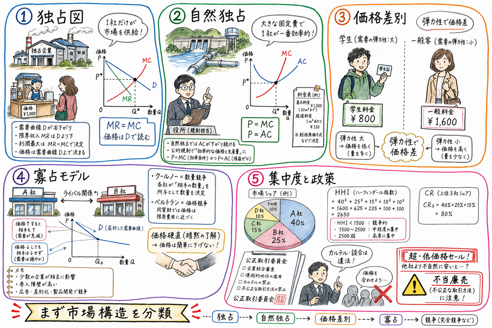 独占図、自然独占、寡占と協調行動、市場集中度の確認順をまとめる図解
