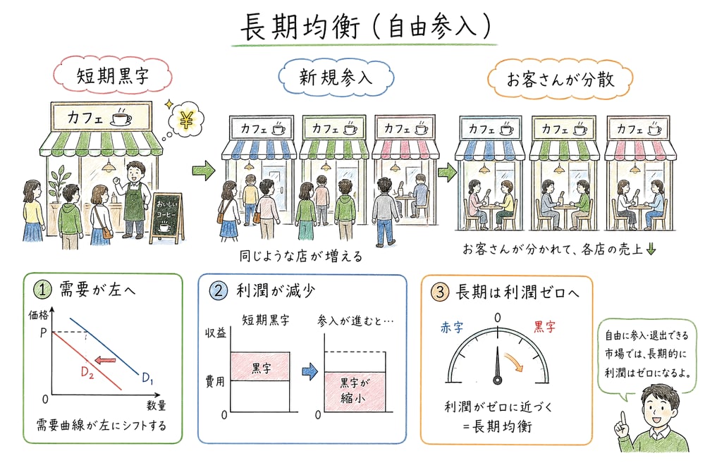 短期黒字から新規参入が起こり長期利潤がゼロに近づく流れ