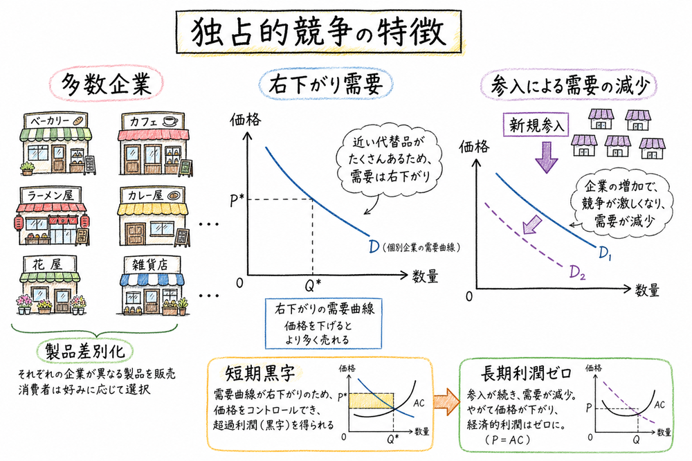 独占的競争を多数企業、製品差別化、右下がり需要、長期利潤ゼロで整理する図解