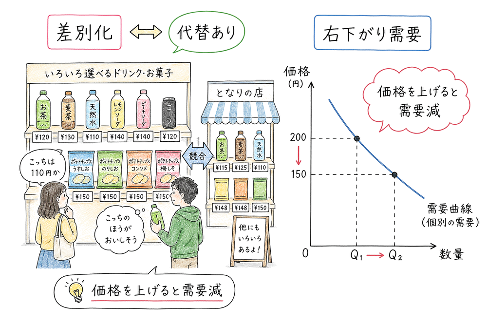 製品差別化と代替商品の存在により需要曲線が右下がりになる図解