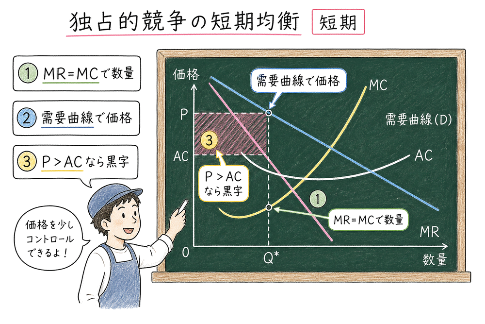 短期均衡でMR=MCから数量を決め需要曲線で価格を読む図解