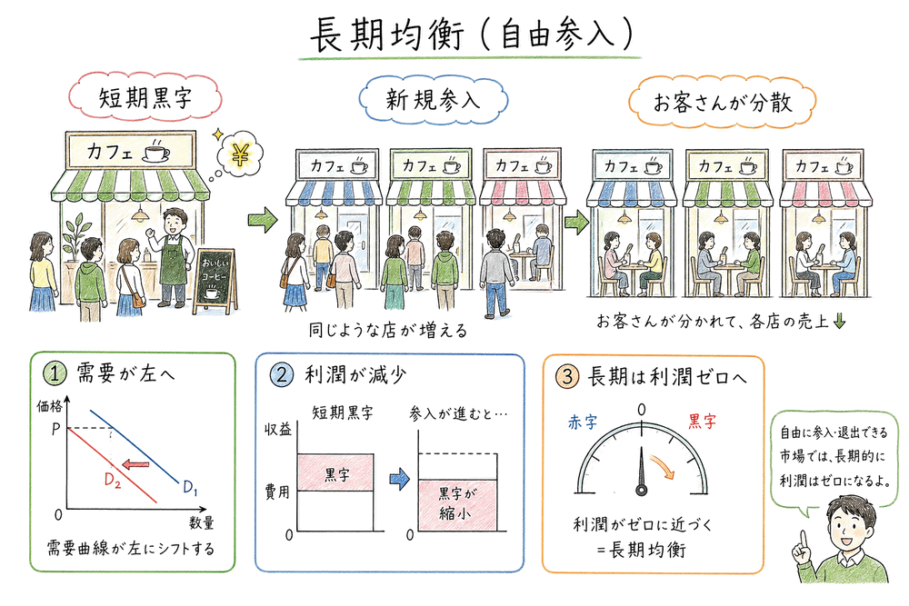 短期黒字から新規参入が起こり長期利潤がゼロに近づく流れ