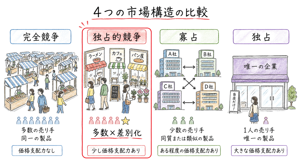 完全競争、独占的競争、寡占、独占を売り手数と製品差別化で比較する図解