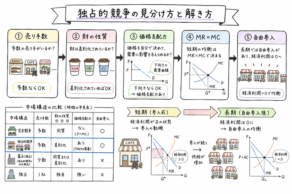 独占的競争を売り手数、差別化、短期均衡、長期参入の順に確認する図解