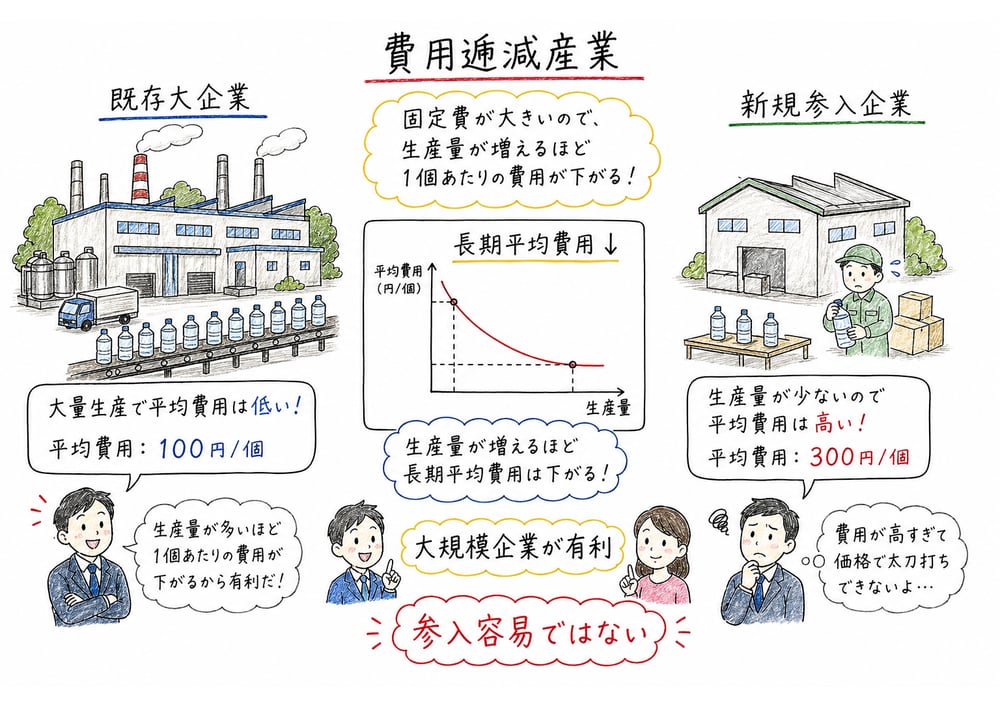 費用逓減産業では長期平均費用が下がり大規模企業が有利で参入容易とは限らない図解