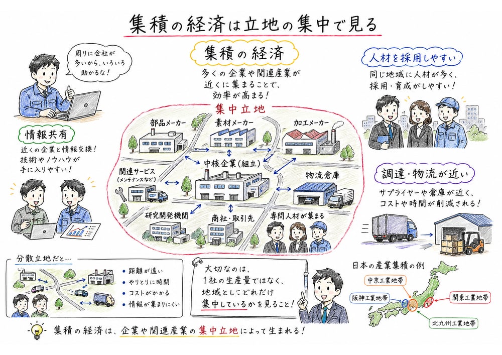 企業や関連産業が集中立地して人材採用や物流や情報共有がしやすくなる集積の経済の図解