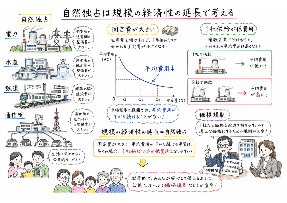 自然独占を固定費の大きさと平均費用低下と1社供給の低費用で整理する図解