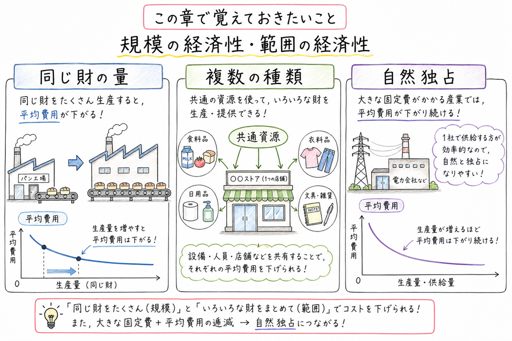 規模の経済性と範囲の経済性を量、種類、平均費用で切り分ける図解