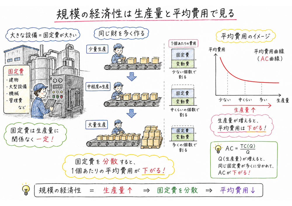 規模の経済性で生産量が増えるほど固定費が分散され平均費用が下がることを示す図解
