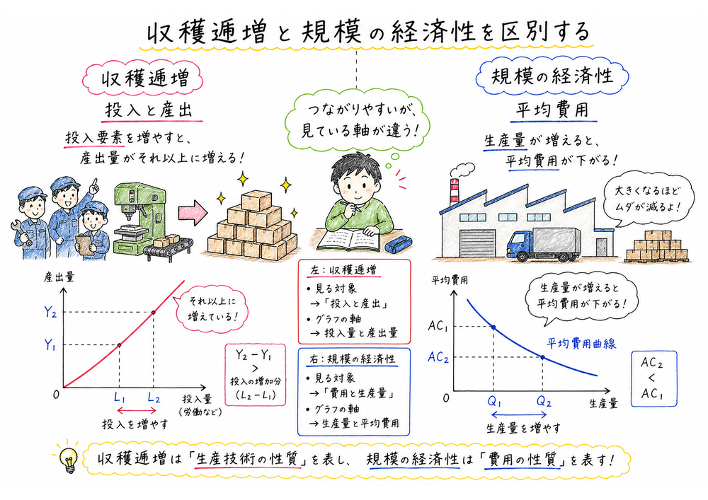 収穫逓増は投入と産出、規模の経済性は平均費用で見ると区別する図解