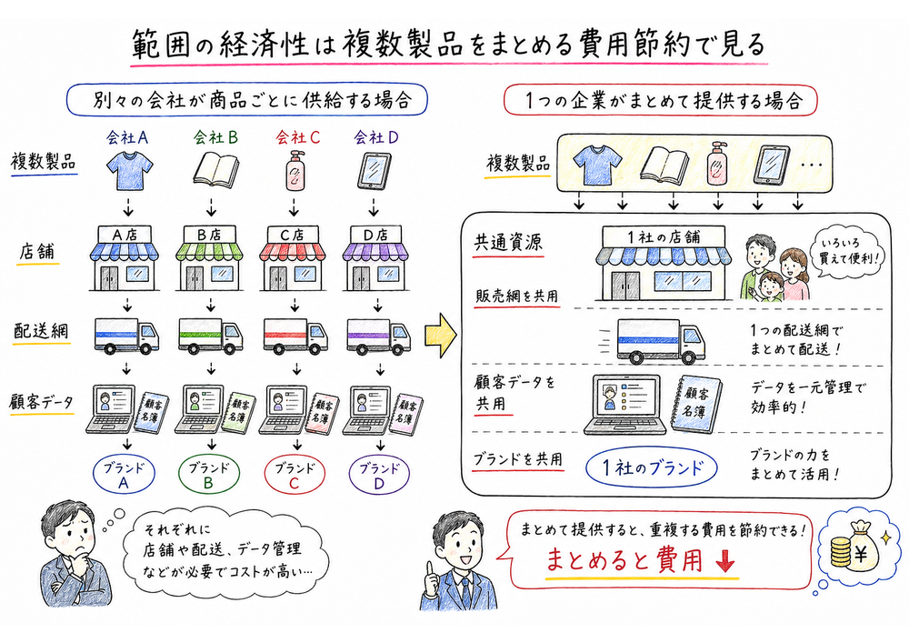 複数製品を同じ企業がまとめ共通資源を使うと費用が下がる範囲の経済性の図解