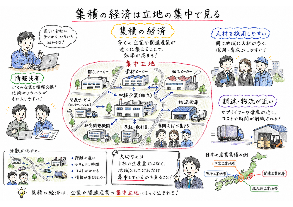 企業や関連産業が集中立地して人材採用や物流や情報共有がしやすくなる集積の経済の図解