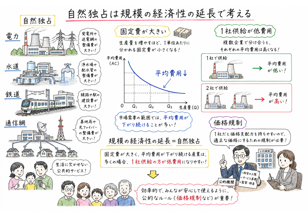 自然独占を固定費の大きさと平均費用低下と1社供給の低費用で整理する図解